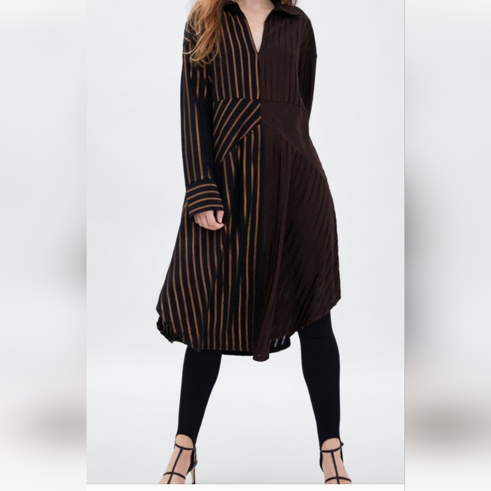 Zara metallic bronze brown two-tone modern asymmetrical stripe dress SMALL